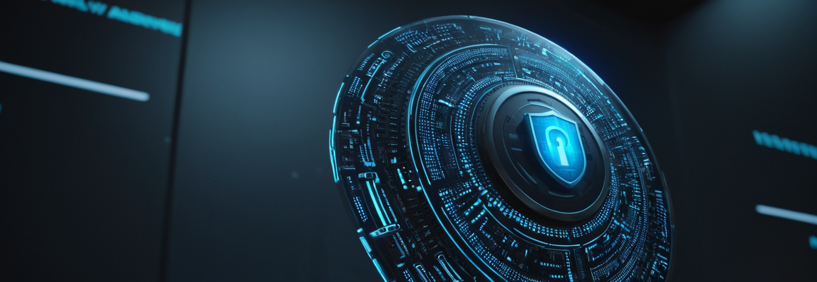 A futuristic digital shield with a glowing padlock symbol, representing cybersecurity and data protection.
