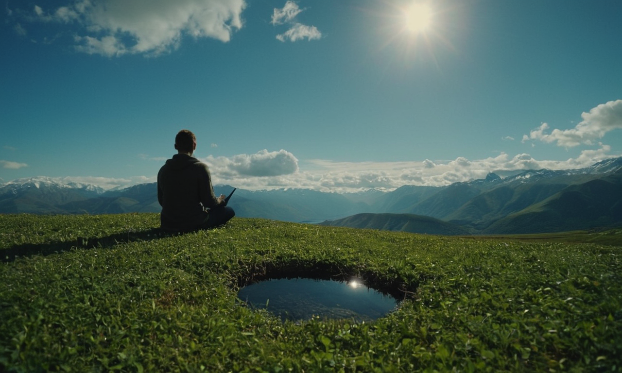 Person in a natural landscape at sunrise, symbolizing balance, clarity, and a mindful healthy lifestyle in a connected world.