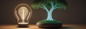 Lightbulb with tree-shaped filament next to a glowing bonsai tree, symbolizing innovation, technology, and sustainable growth.