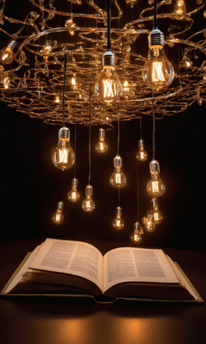 Cyberfulness illustration of glowing light bulbs over an open book, symbolizing innovative ideas and professional growth