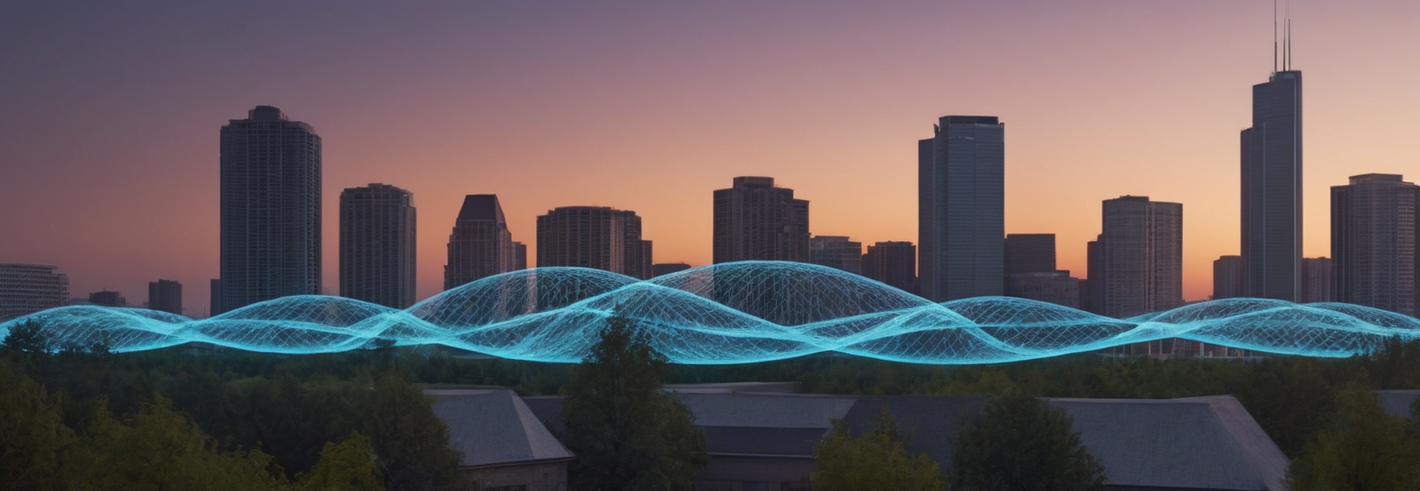Digital transformation visualization showing cyber waves flowing over modern city skyline representing Cyberfulness approach to mindful technology and cybersecurity