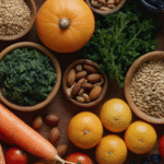Colorful assortment of vitamin rich foods including sliced orange, kiwi, raspberries, blueberries, nuts, and sweet potatoes on a dark background.