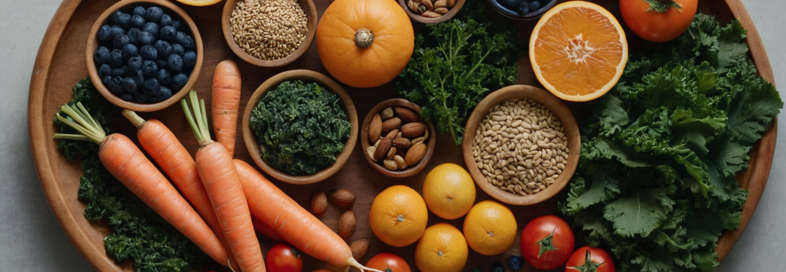 Colorful assortment of vitamin rich foods including sliced orange, kiwi, raspberries, blueberries, nuts, and sweet potatoes on a dark background.