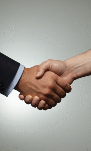 Cyberfulness illustration of a handshake, representing collaboration, trust, and professional growth