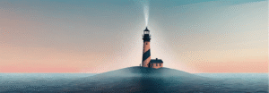 Cyberfulness illustration of a colorful lighthouse, representing guidance, vision, and professional growth