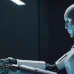 A white and black humanoid robot with glowing blue accents sits at a desk, working on a computer with multiple monitors displaying data charts and analytics in a dark, futuristic office environment.