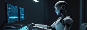 A white and black humanoid robot with glowing blue accents sits at a desk, working on a computer with multiple monitors displaying data charts and analytics in a dark, futuristic office environment.