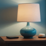 Bedroom nightstand with warm lamp glowing at night, illustrating evening light exposure and blue light impact on sleep quality and circadian rhythm cyberfulness