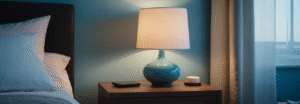 Bedroom nightstand with warm lamp glowing at night, illustrating evening light exposure and blue light impact on sleep quality and circadian rhythm cyberfulness