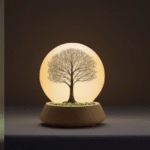 Three glass dome terrariums showing tree life cycle from vibrant green to bare branches representing digital wellbeing stages by Cyberfulness