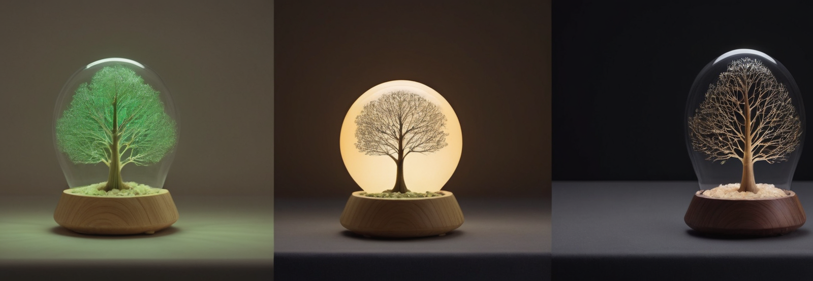 Three glass dome terrariums showing tree life cycle from vibrant green to bare branches representing digital wellbeing stages by Cyberfulness