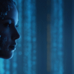 Cyberfulness concept: human profile silhouette surrounded by binary code and digital data streams, representing mindful technology use and digital identity in the AI era