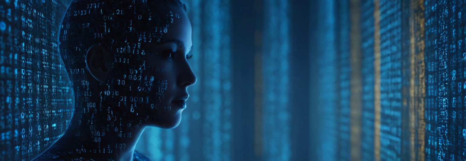 Cyberfulness concept: human profile silhouette surrounded by binary code and digital data streams, representing mindful technology use and digital identity in the AI era