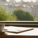 Peaceful cyberfulness workspace by window with cup of coffee, notebook, pen, and potted plant overlooking city skyline during daytime