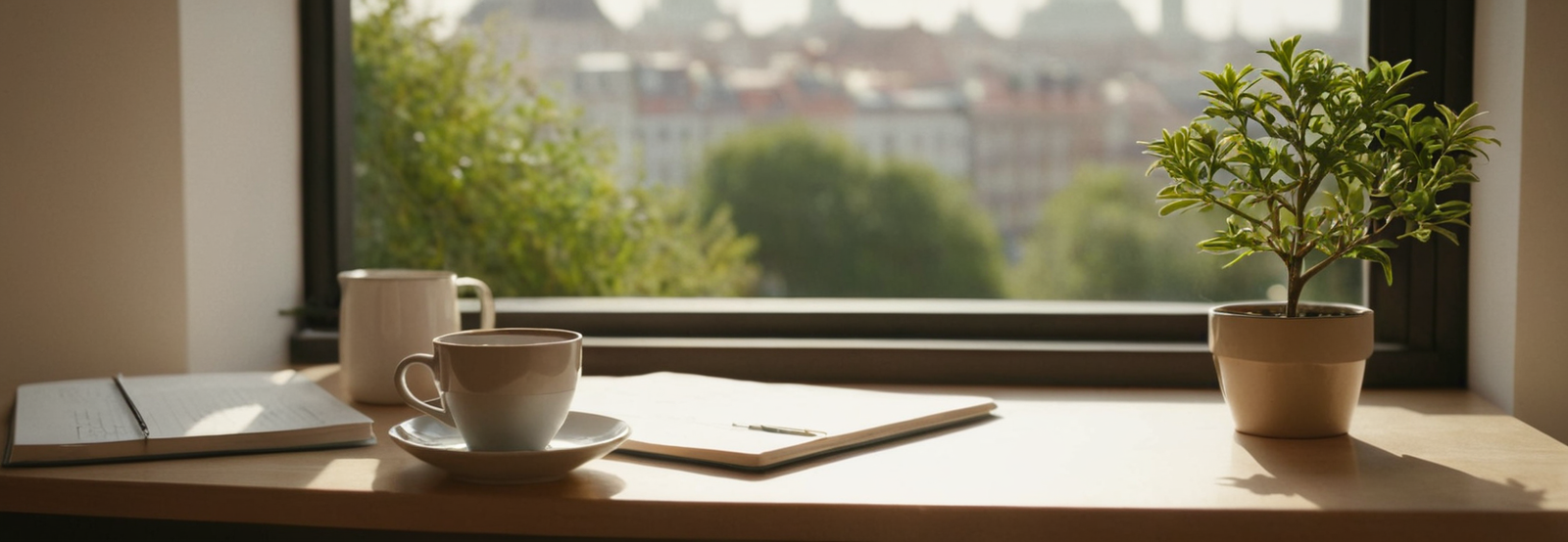 Peaceful cyberfulness workspace by window with cup of coffee, notebook, pen, and potted plant overlooking city skyline during daytime