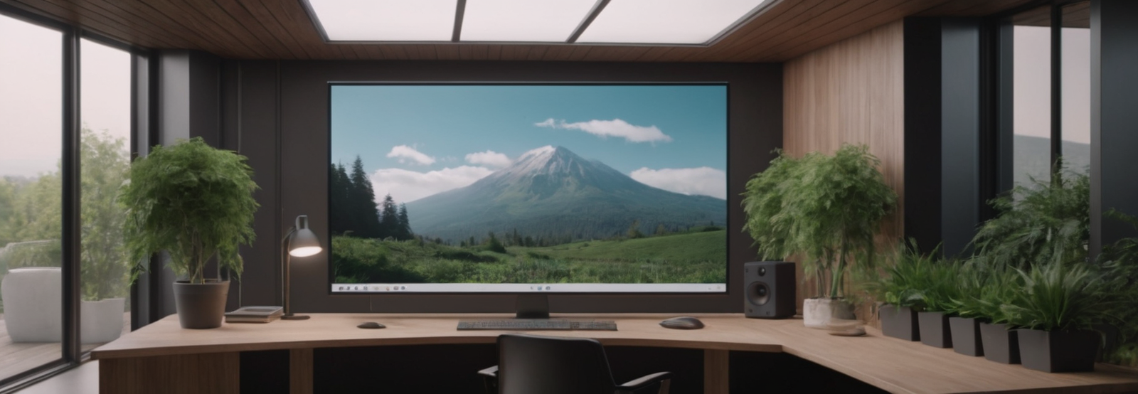 Modern home office with a large screen showing a mountain landscape, surrounded by indoor plants and natural light through glass walls Cyberfulness.