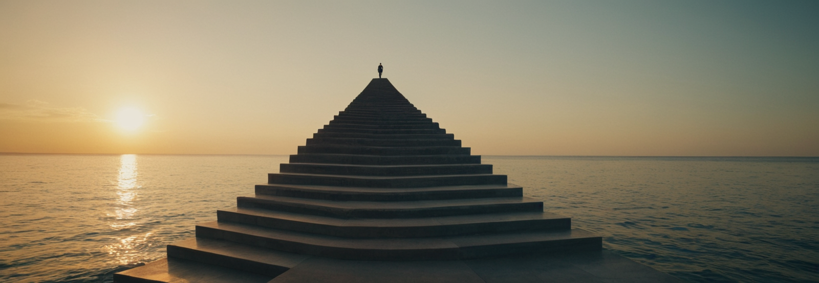 Silhouette of a figure standing at the peak of an ascending pyramid structure extending across calm waters at sunset, representing career growth and achievement through guided mentorship cyberfulness