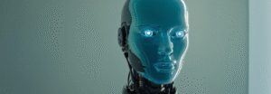 Futuristic AI robot head with glowing blue eyes representing mindful technology and digital awareness on teal background.