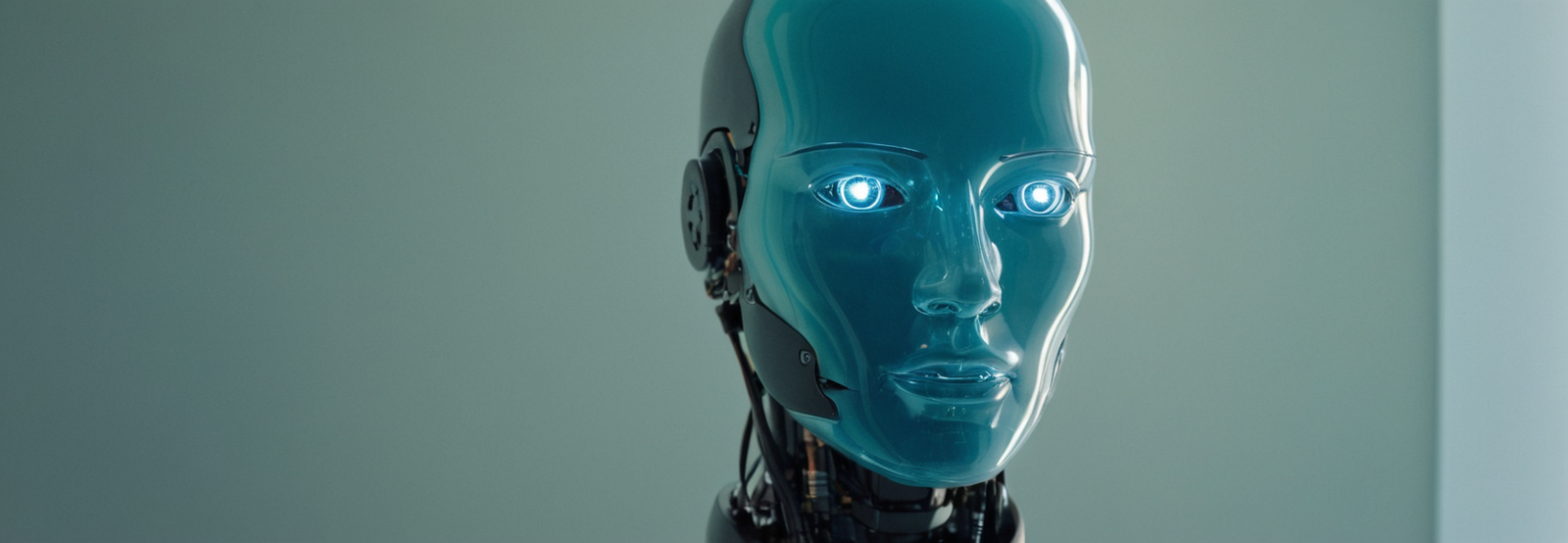 Futuristic AI robot head with glowing blue eyes representing mindful technology and digital awareness on teal background.