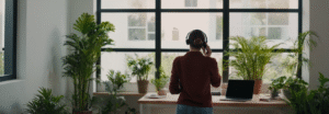 Person standing at desk with headphones working remotely surrounded by plants demonstrating ergonomic workspace setup and mindful technology use to prevent unhealthy sitting habits.