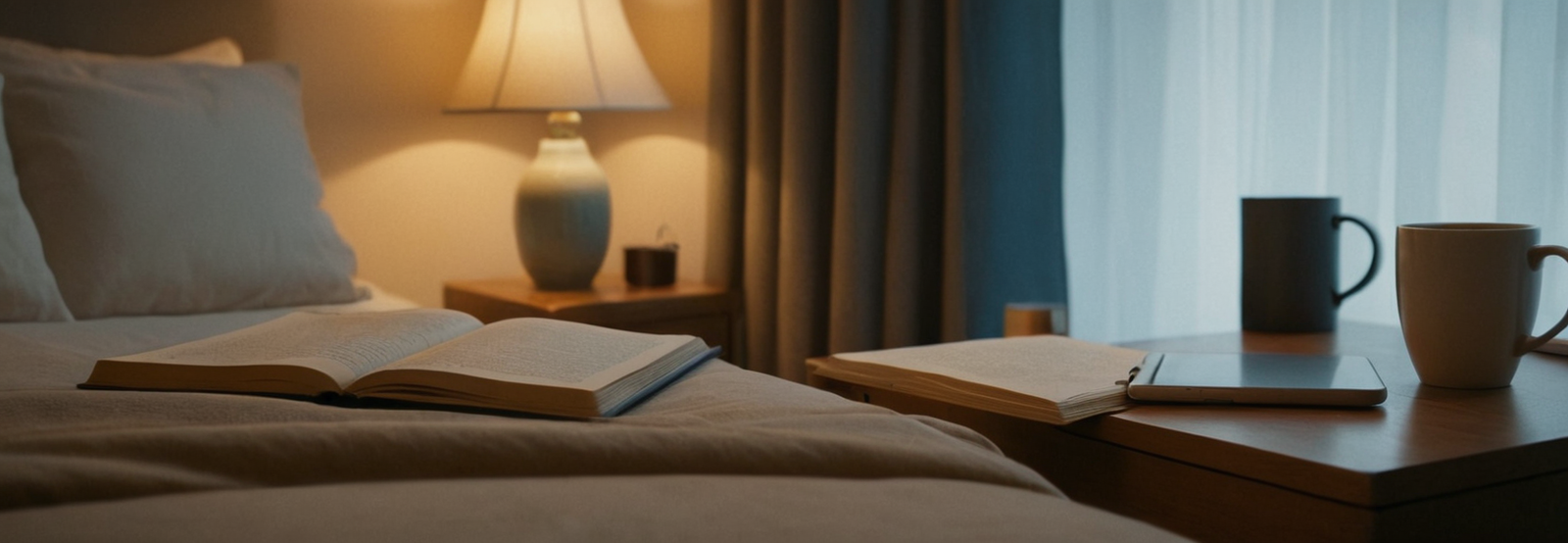 Peaceful bedroom with open book on bed, laptop and coffee mug on desk, warm lamp lighting - mindful tech balance concept