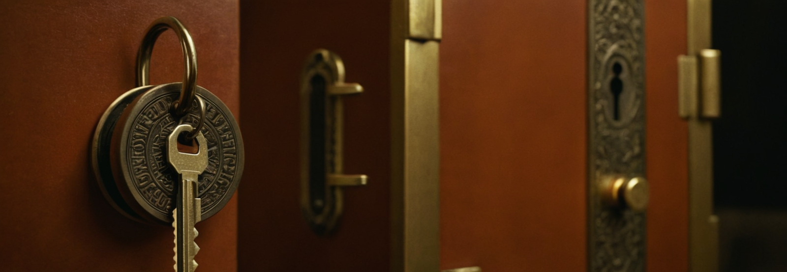 Vintage brass keys hanging on a lock with worn leather-bound books in background, symbolizing password security and digital protection