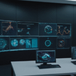Futuristic software testing control room with automated QA dashboards and AI-driven test monitoring replacing manual testing workflows cyberfulness