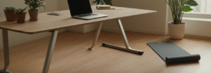 Minimalist cyberfulness home office workspace with wooden desk, laptop, plants, and yoga mat on floor promoting micro-breaks and mindful technology use