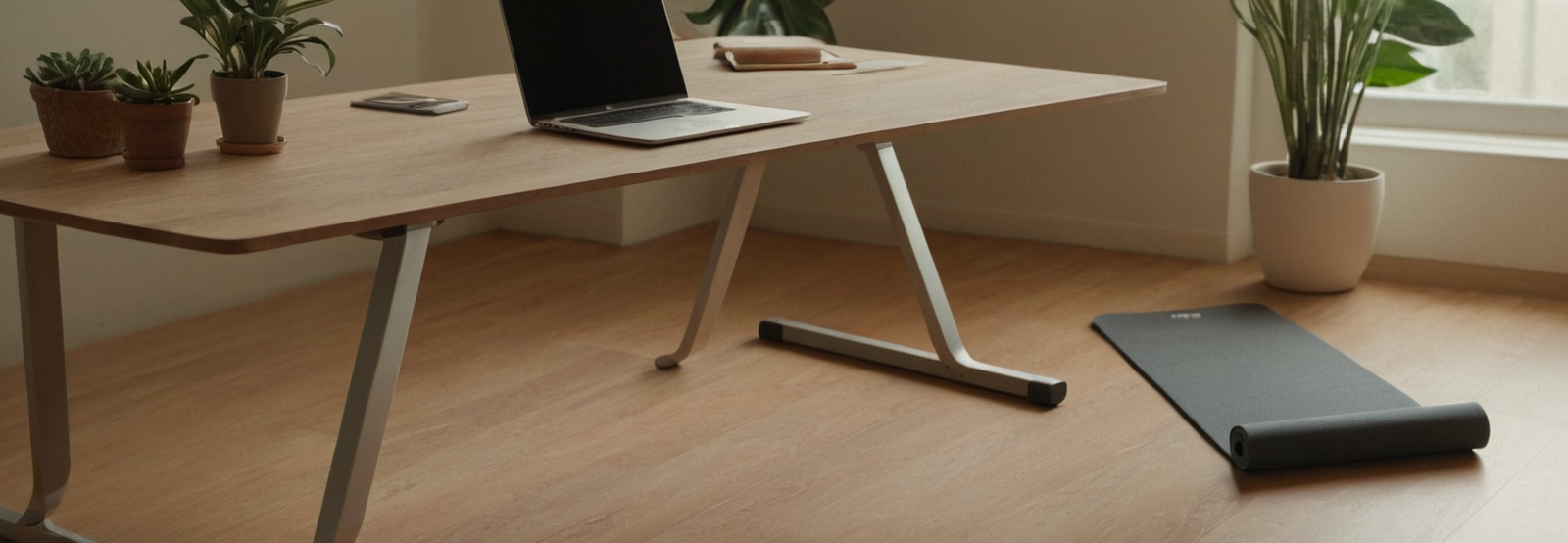 Minimalist cyberfulness home office workspace with wooden desk, laptop, plants, and yoga mat on floor promoting micro-breaks and mindful technology use