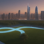 Cyberfulness digital transformation concept — glowing infinity loop over a smart city skyline at dusk, symbolizing continuous growth and mindful technology evolution