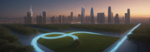 Cyberfulness digital transformation concept — glowing infinity loop over a smart city skyline at dusk, symbolizing continuous growth and mindful technology evolution