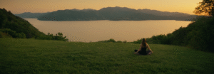 Woman meditating on a hill at sunset overlooking lake and mountains, representing cyberfulness, mindful living and longevity lifestyle