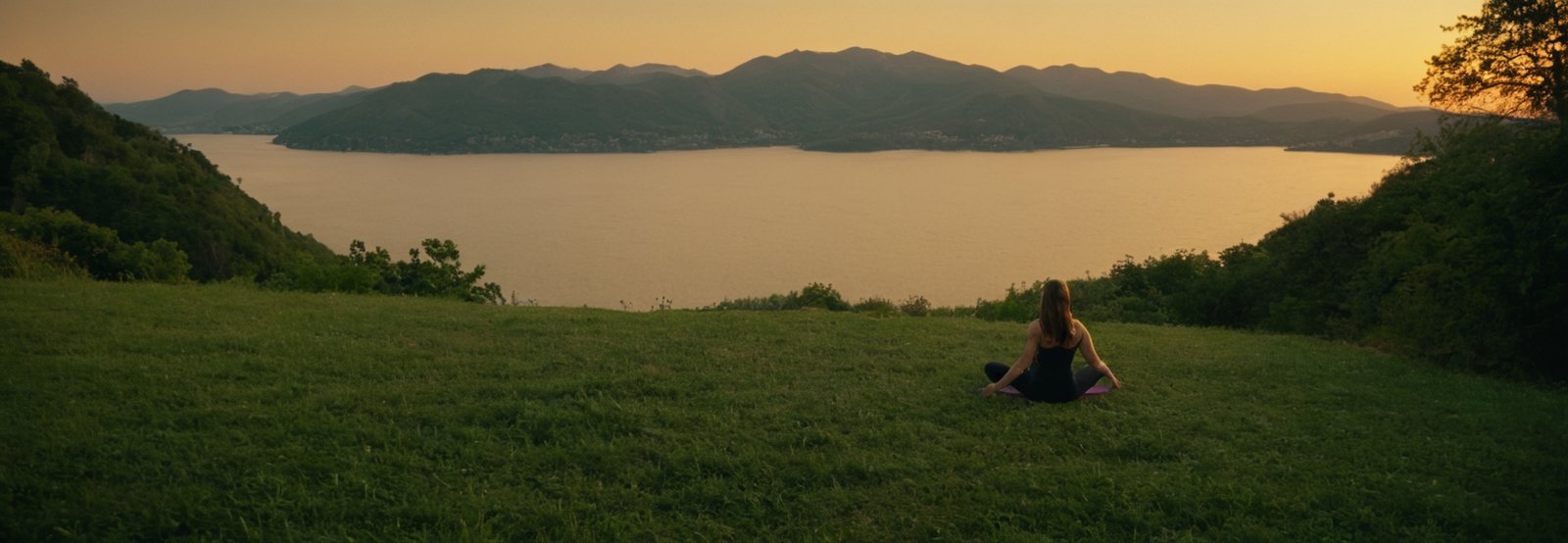 Woman meditating on a hill at sunset overlooking lake and mountains, representing cyberfulness, mindful living and longevity lifestyle