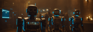 AI robots with glowing blue accents in a digital network environment - Moltbook AI social network featured on Cyberfulness