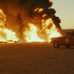 A red station wagon parked beside a massive explosion in a desert landscape, representing Cyberfulness insights on workplace stress and burnout reaching a breaking point