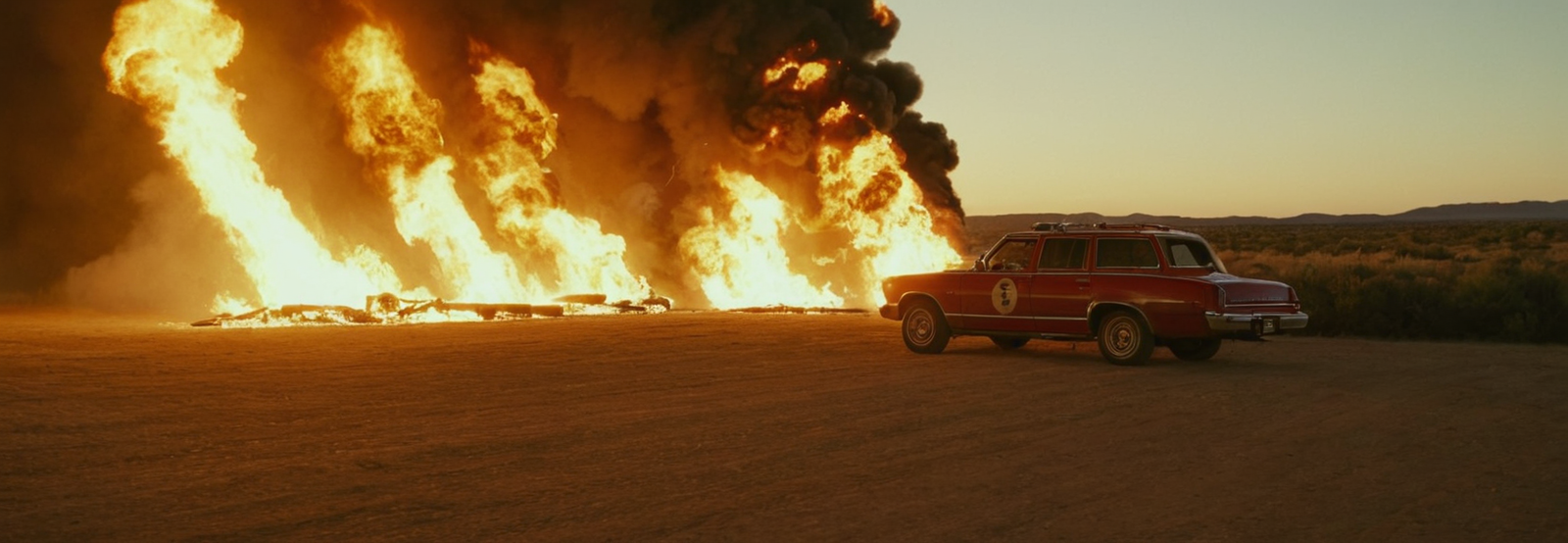 A red station wagon parked beside a massive explosion in a desert landscape, representing Cyberfulness insights on workplace stress and burnout reaching a breaking point