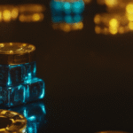 Glowing blue blockchain dice and gold crypto chips on a dark reflective surface — Cyberfulness blockchain technology visual