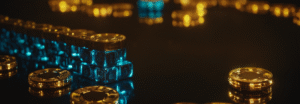 Glowing blue blockchain dice and gold crypto chips on a dark reflective surface — Cyberfulness blockchain technology visual
