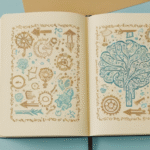Open notebook with abstract systems thinking sketches, architectural symbols, gears, and a tree-like system diagram in blue and gold on a clean pastel background, representing cyberfulness and systems architecture.