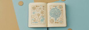 Open notebook with abstract systems thinking sketches, architectural symbols, gears, and a tree-like system diagram in blue and gold on a clean pastel background, representing cyberfulness and systems architecture.