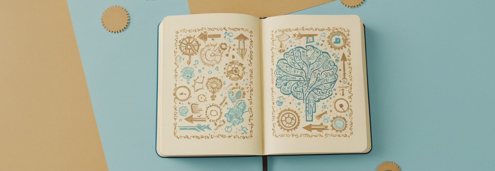 Open notebook with abstract systems thinking sketches, architectural symbols, gears, and a tree-like system diagram in blue and gold on a clean pastel background, representing cyberfulness and systems architecture.