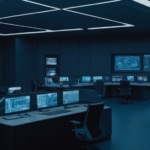 Futuristic enterprise control room visualizing AI agents managing automated business workflows, digital infrastructure, and operational intelligence in a modern corporate environment.