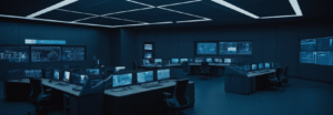 Futuristic enterprise control room visualizing AI agents managing automated business workflows, digital infrastructure, and operational intelligence in a modern corporate environment.