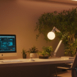 Cyberfulness workspace showing a calm biohacking-inspired desk setup with plants, warm lighting, and modern technology for focus and digital wellbeing
