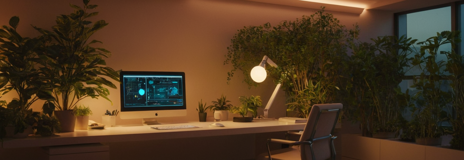 Cyberfulness workspace showing a calm biohacking-inspired desk setup with plants, warm lighting, and modern technology for focus and digital wellbeing