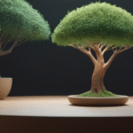 Minimalist bonsai trees on a wooden platform symbolizing personal growth, reflection, and constructive feedback in a calm mindful environment