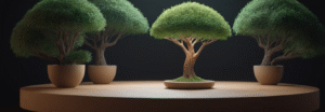 Minimalist bonsai trees on a wooden platform symbolizing personal growth, reflection, and constructive feedback in a calm mindful environment