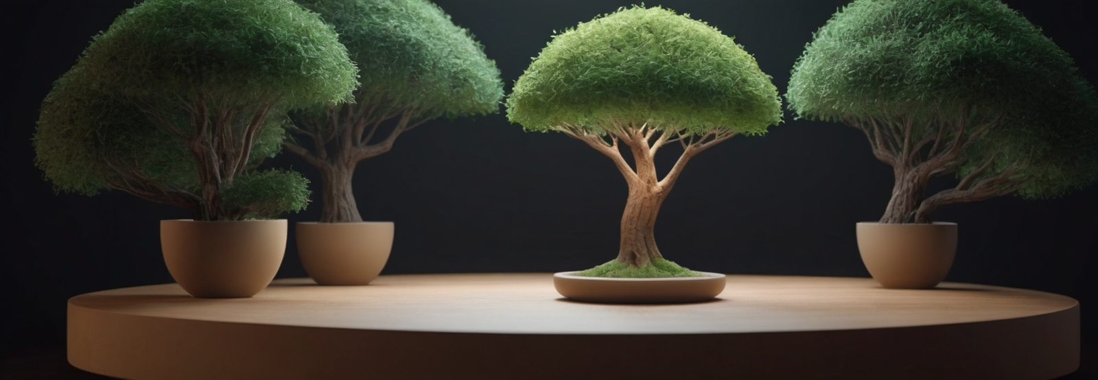 Minimalist bonsai trees on a wooden platform symbolizing personal growth, reflection, and constructive feedback in a calm mindful environment