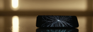 Smartphone displaying abstract spyware-like digital signals in a dark environment representing mobile surveillance and cybersecurity threats