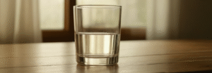 Clear glass of drinking water on a wooden table in natural morning light, symbolizing hydration, wellbeing, mental clarity, and healthy lifestyle habits.